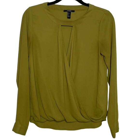 Forever 21 Faux Wrap Blouse Key Hole Long Sleeve Button Cuff Mustard Green Small - Picture 1 of 10